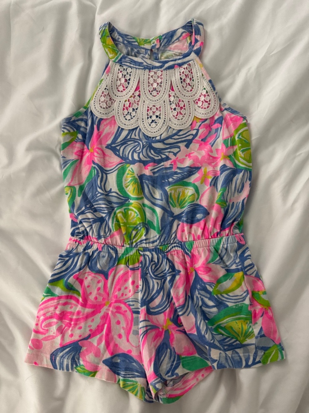 Lilly Pulitzer Girls' Floral Halter Romper with Lace Yoke - Pink & Blue - Picture 2 of 3